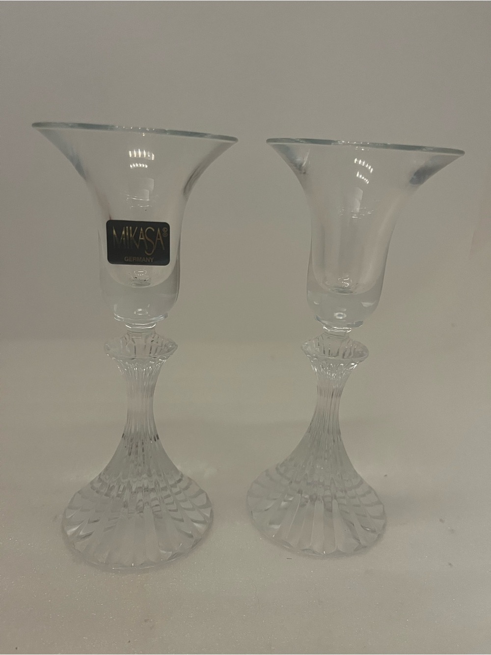 Mikasa The Ritz Clear Crystal Ribbed Flared Taper Candle Holders Pair 6 1/4"